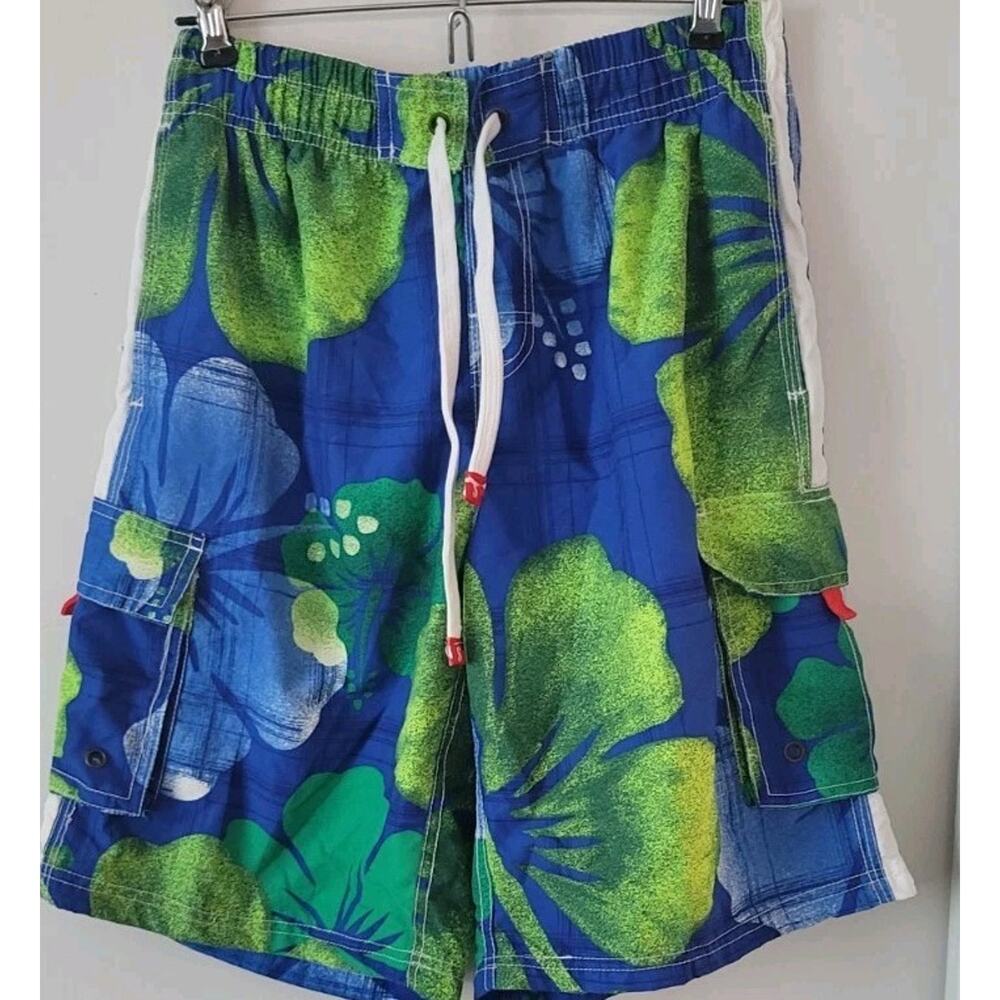 Surf Mentality Cargo Swim Shorts Mens Sz. S Blue Floral Print Trunks Tropical